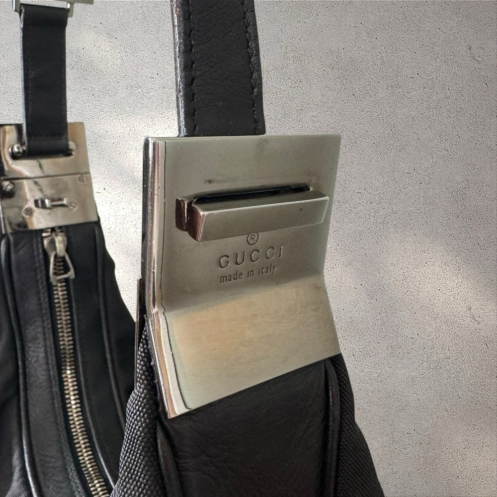 Gucci Black Leather Nylon Attache Shoulder Bag Crossbody Purse Handbag - Picture 8 of 14
